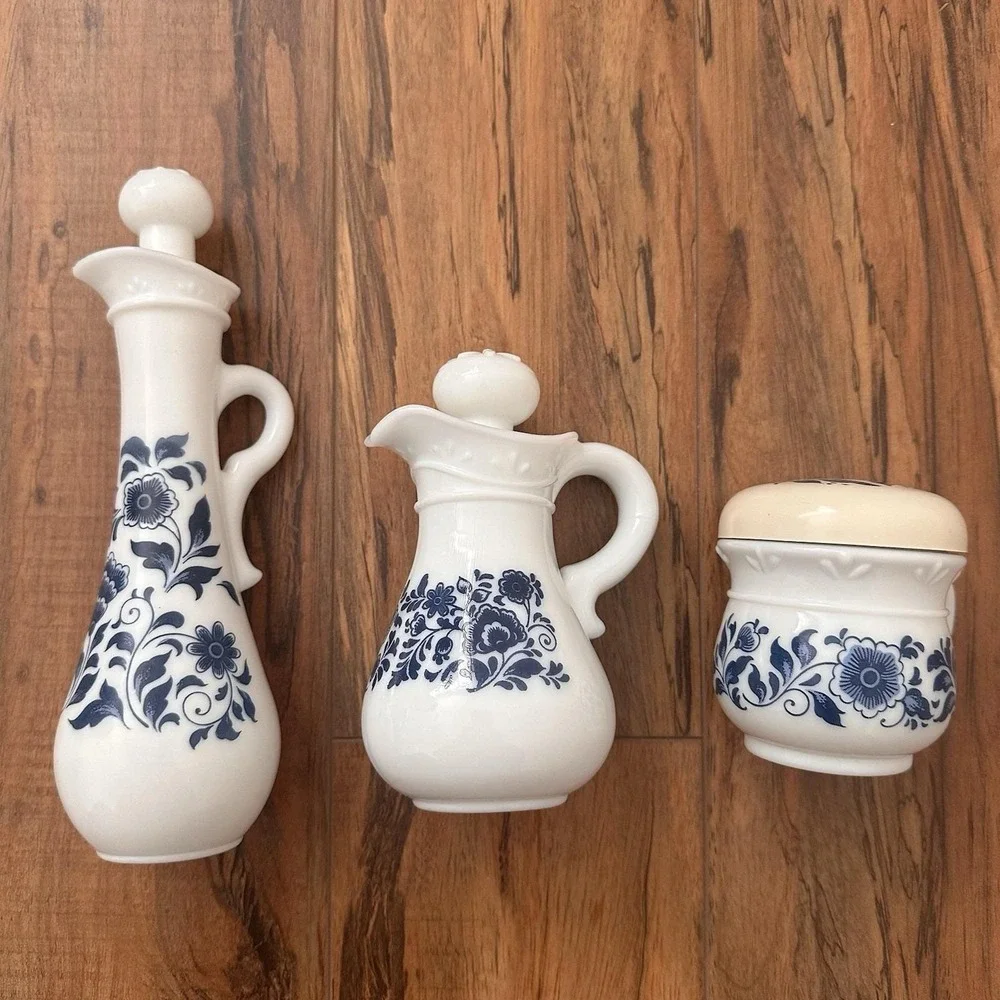 Vintage Avon Blue Floral White Glass 3‎ Pc Cruet Vanity Set w/ Stoppers